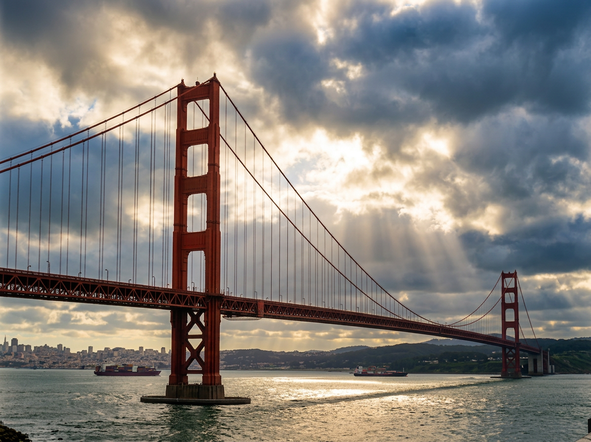 Golden Gate Bridge over water with clouds and sunlight breaking through