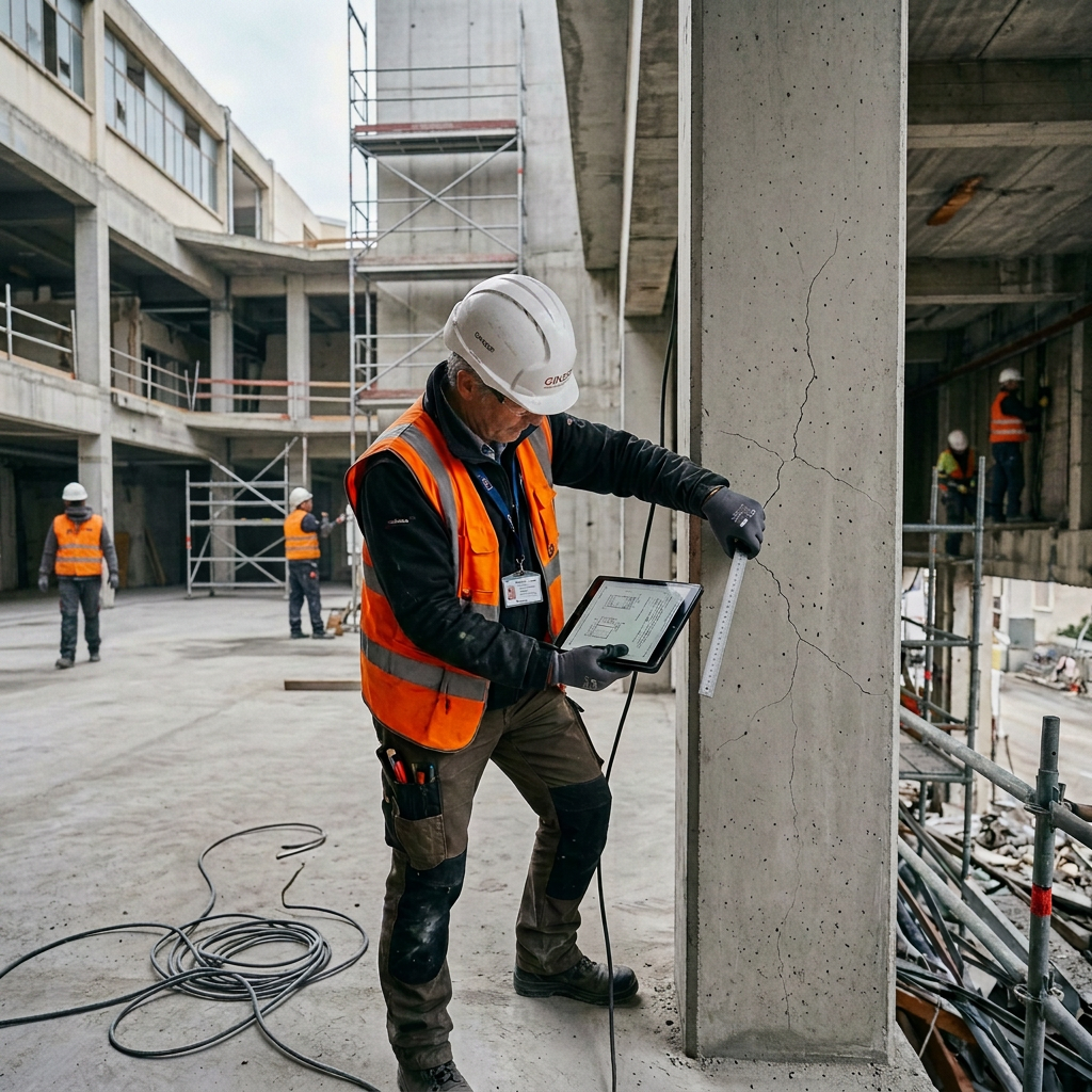Safety inspector examining a cracked concrete column at a demolition site